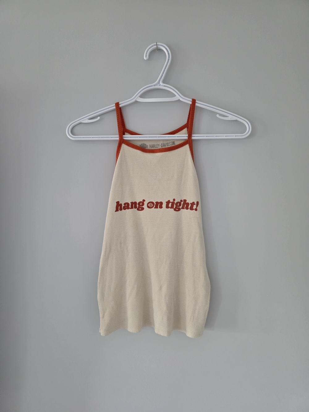 Harley‑Davidson Cream Tank Top with Rust Trim & 'hang on tight!' Graphic